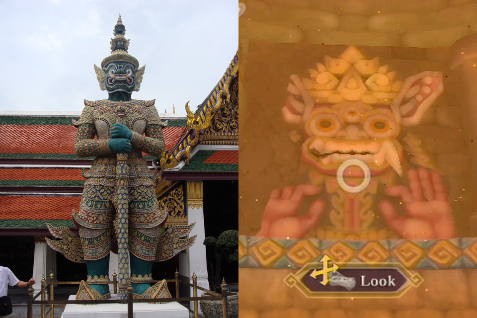 Comparison between a real world Dvarapala on the left, with an ingame wall carving on the right